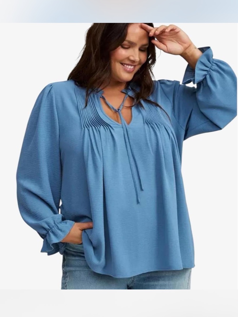 Torrid Pintuck Peasant Blouse Size 0 Dusty Blue Tie Neck Ruffle Long Sleeve